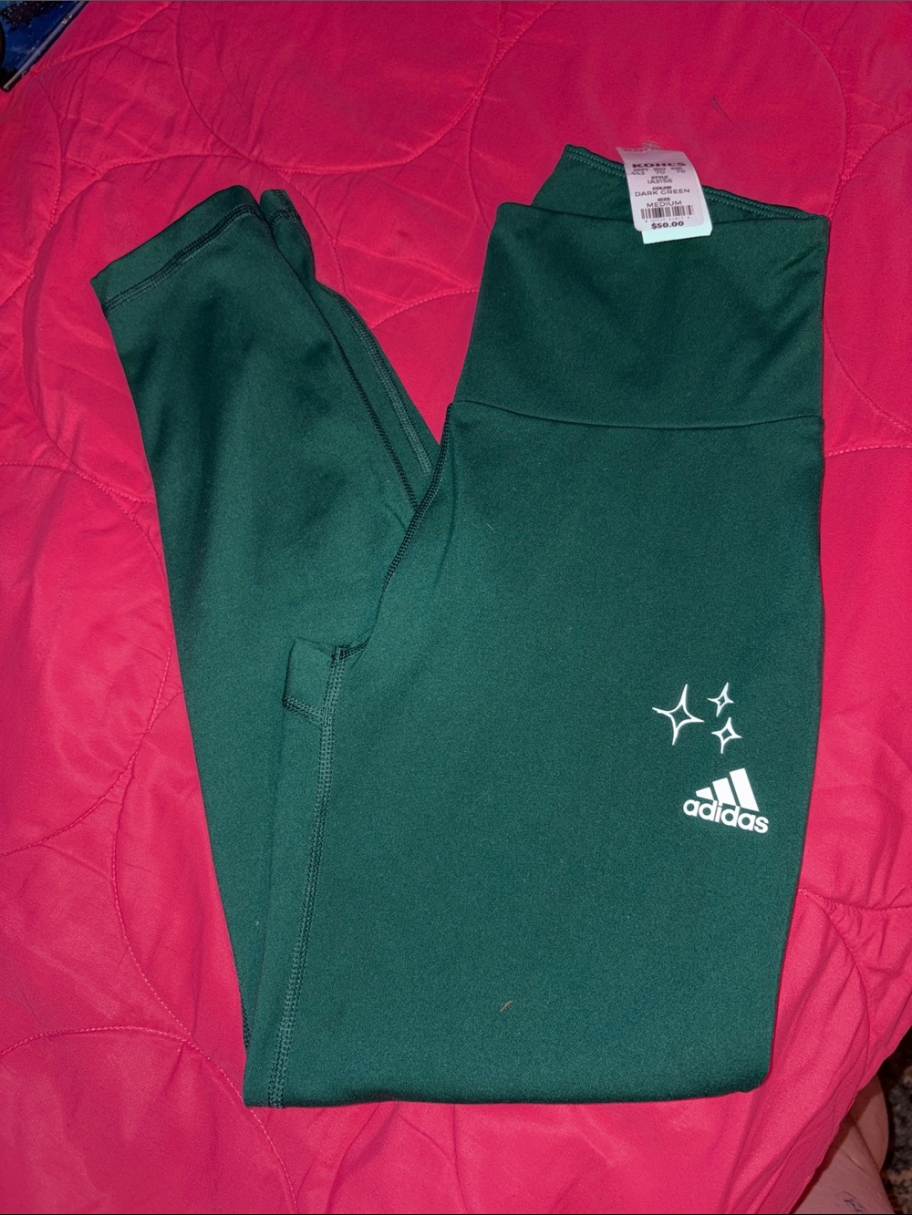 adidas Dark Green Kids Leggings with White Logo